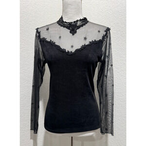 Vtg Black Sheer Lace Top Sz M 90s Y2K Whimsigoth Fairygrunge Witchy Hanky Panky